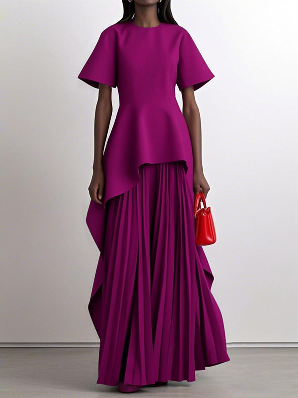 Robe longue trapèze taille haute plissée couleur unie à col rond et fente 