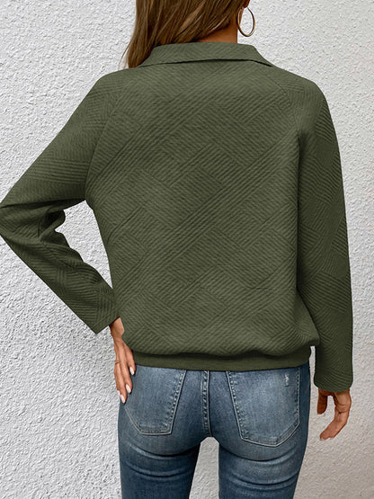Textured Split-Joint Solid Color Pockets Buttoned Loose Long Sleeves Polo Sweatshirt Tops