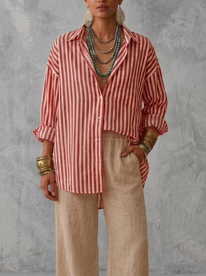 Striped Contrast Color Buttoned Loose Long Sleeves Lapel Blouses&shirts Tops