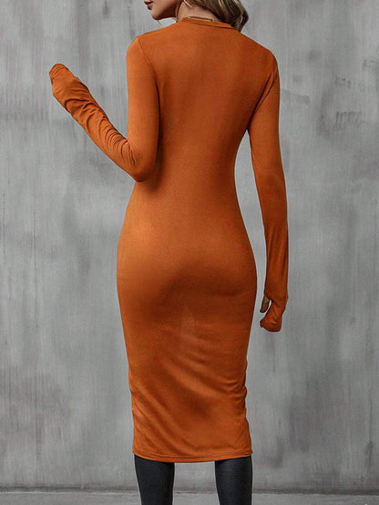 High-Low Long Sleeves Solid Color Split-Joint Round-Neck T-Shirts Tops