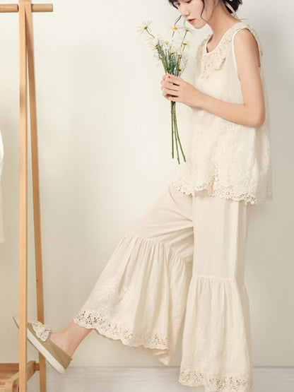 Vintage Loose Embroidered High Waisted Wide Leg Flared Pants