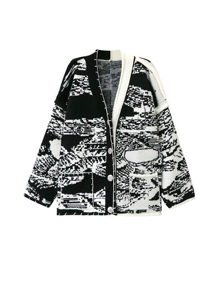 Long Sleeves Loose Abstract Printed Buttoned Contrast Color Pockets Split-Joint Collarless Cardigan Tops Outerwear