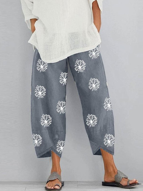 Loose Flower Print Pockets Split-Joint Pants Trousers GRAY