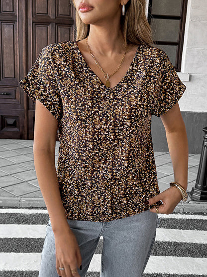 Loose Short Sleeves Contrast Color V-Neck Blouses&Shirts Tops
