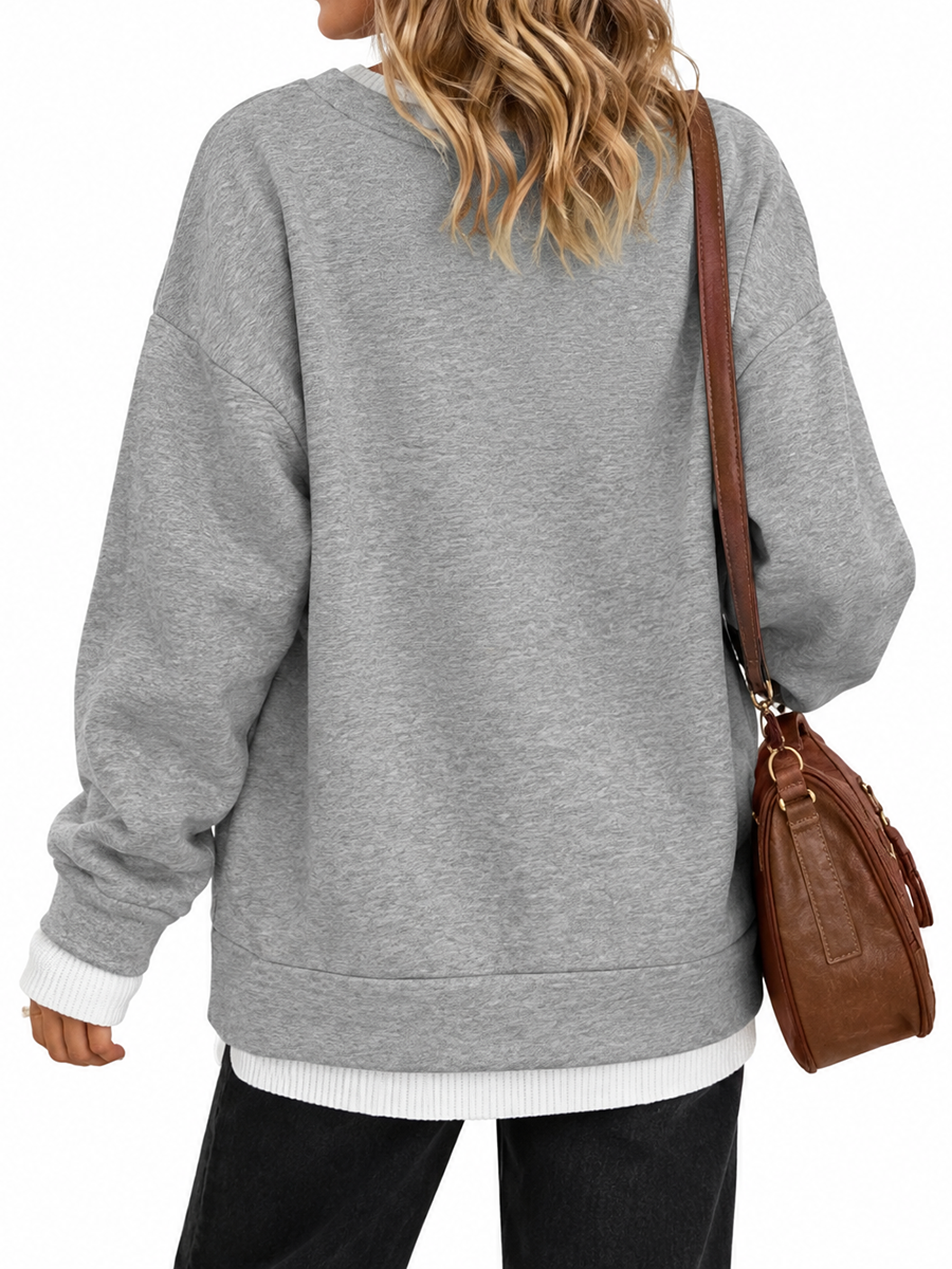 Split-Joint Contrast Color Plus Size Loose Round-neck Sweater Pullovers