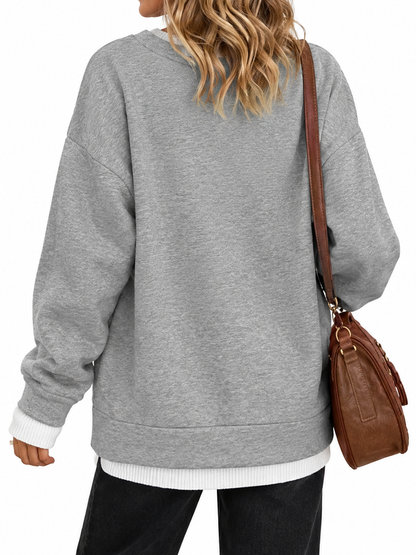Split-Joint Contrast Color Plus Size Loose Round-neck Sweater Pullovers