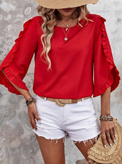 Loose Three-Quarter Sleeves Ruffle Trim Solid Color Round-Neck T-Shirts Tops