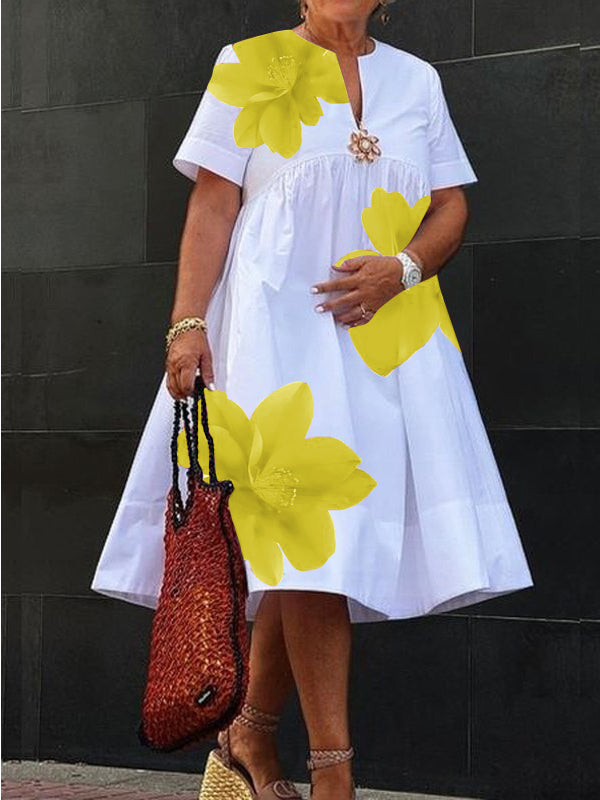 A-Line Loose Flower Print Pleated V-Neck Midi Dresses YELLOW