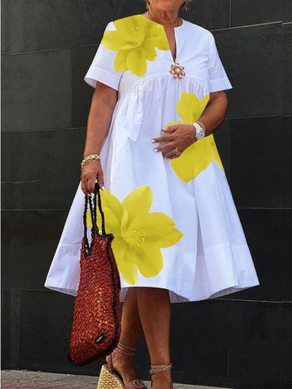 A-Line Loose Flower Print Pleated V-Neck Midi Dresses YELLOW