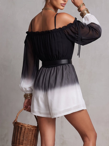 Long Sleeves Puff Sleeves Backless Contrast Color Gradient No Belt Ruffle Trim See-Through Spaghetti-Neck Jumpsuits