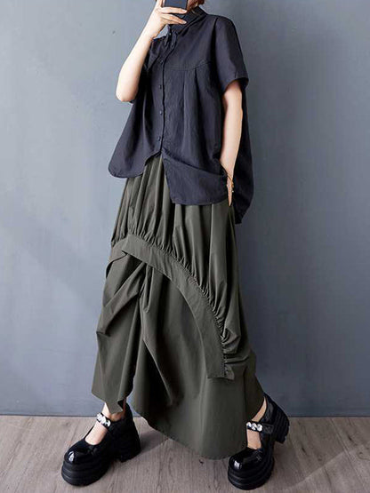 A-Line Loose Asymmetric Elasticity Pleated Pockets Solid Color Skirts Bottoms