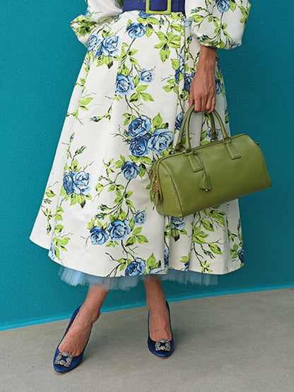 Batwing Sleeves Loose Pleated Printed Tied Waist Lapel Midi Dresses Shirt Dress