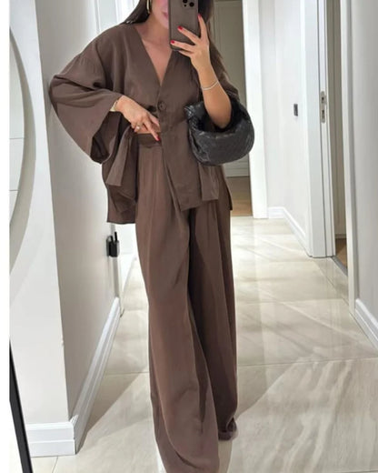 Casual V-Neck Top & Pants Two-Piece Set Brown S