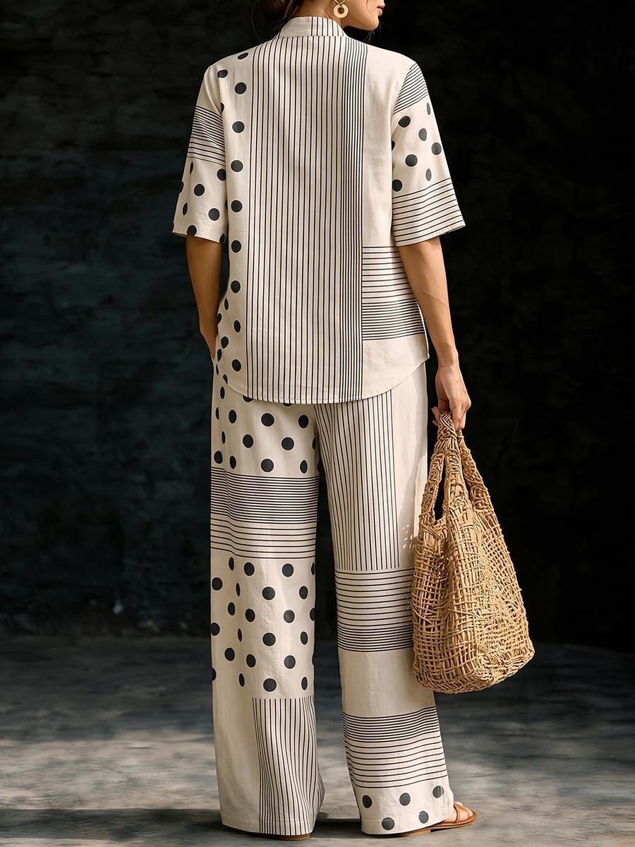 Striped Polka-Dot Short Sleeves Loose V-neck T-Shirts Tops