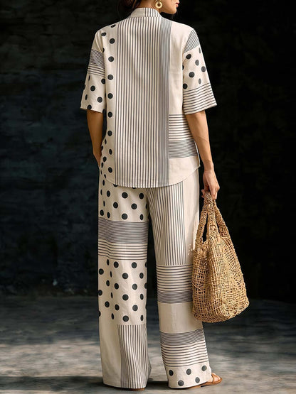 Striped Polka-Dot Pockets Wide Leg Loose Trousers Pants