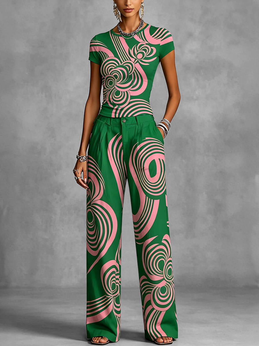 Loose Wide Leg Contrast Color Flower Print Pleated Pockets Pants Trousers