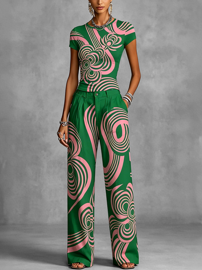 Loose Wide Leg Contrast Color Flower Print Pleated Pockets Pants Trousers
