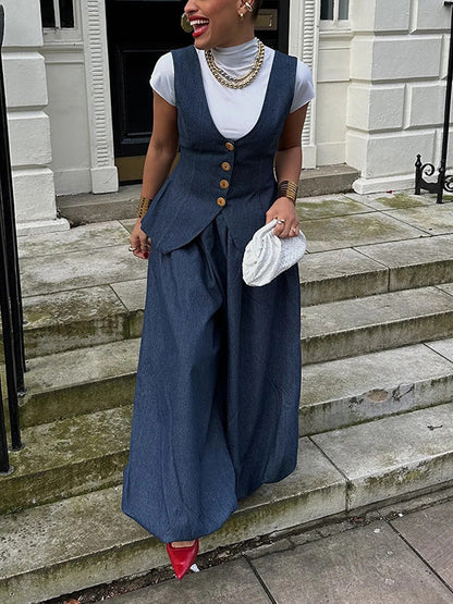 Pantalon sarouel ample plissé couleur unie en jean 