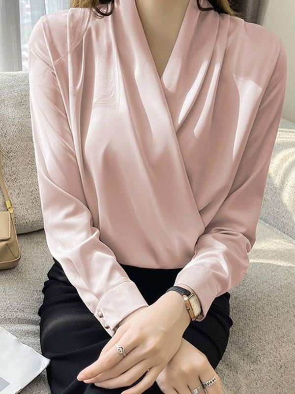 Long Sleeves Loose Buttoned Solid Color V-Neck Blouses&Shirts Tops