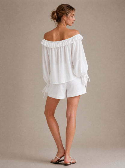 Solid Color See-Through Ruffle Trim Elasticity Drawstring Buttoned Loose Long Sleeves Off-the-shoulder Blouses&shirts Tops