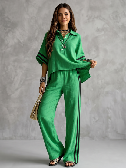 Striped Pockets Elasticity Contrast Color Wide Leg High Waisted Trousers Pants