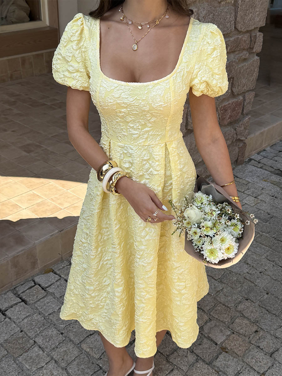 High Waisted Puff Sleeves Jacquard Pleated Solid Color Split-Joint Square-Neck Midi Dresses