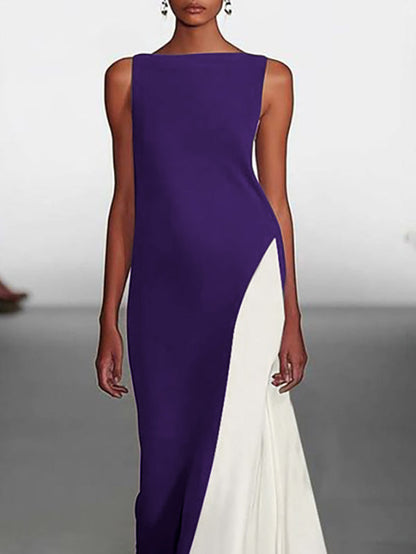 Loose Sleeveless Contrast Color Round-Neck Maxi Dresses