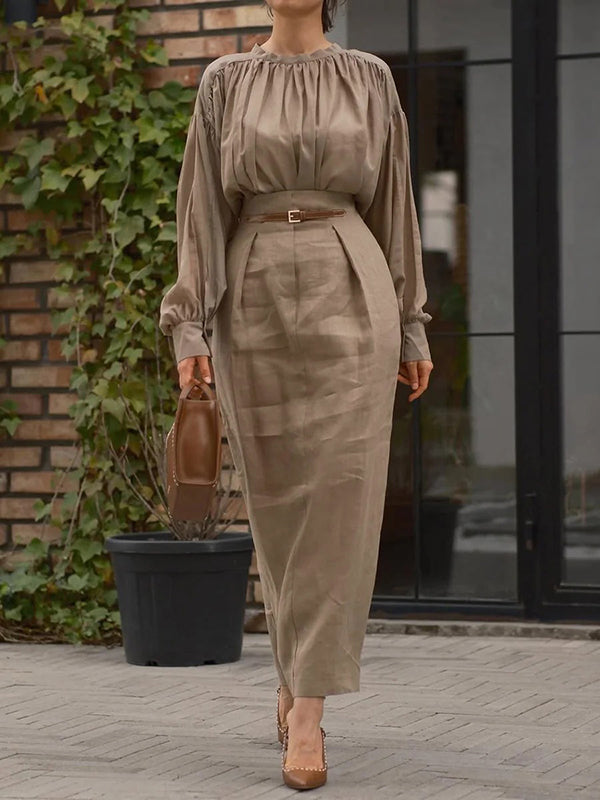 Long Sleeves Pleated Solid Color Split-Joint Round-Neck Blouses&Shirts Tops