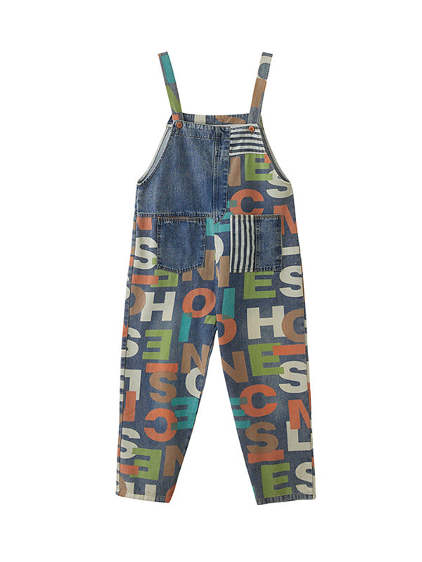 High Waisted Loose Asymmetric Buttoned Letter Print Pockets Split-Joint Striped Overalls