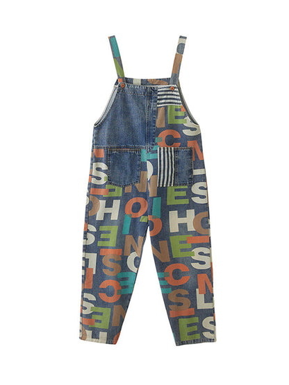 High Waisted Loose Asymmetric Buttoned Letter Print Pockets Split-Joint Striped Overalls