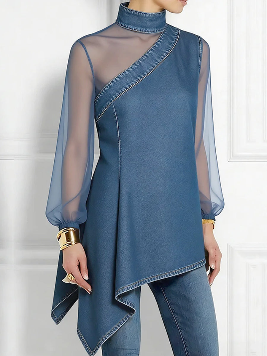 Split-Joint Mesh Asymmetric Puff Sleeves Long Sleeves Mock Neck Blouses&Shirts Tops