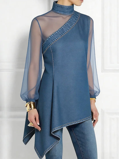 Split-Joint Mesh Asymmetric Puff Sleeves Long Sleeves Mock Neck Blouses&Shirts Tops