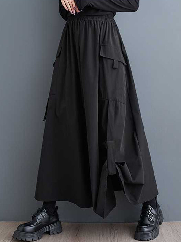 A-Line Loose Elasticity Pleated Pockets Solid Color Split-Joint Skirts Bottoms