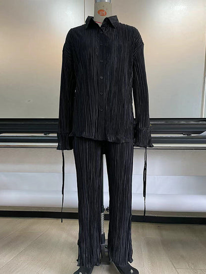 Flared Sleeves Long Sleeves Buttoned Drawstring Pleated Solid Color Split-Side Lapel Shirts Top + Pants Bottom Pajama Sets