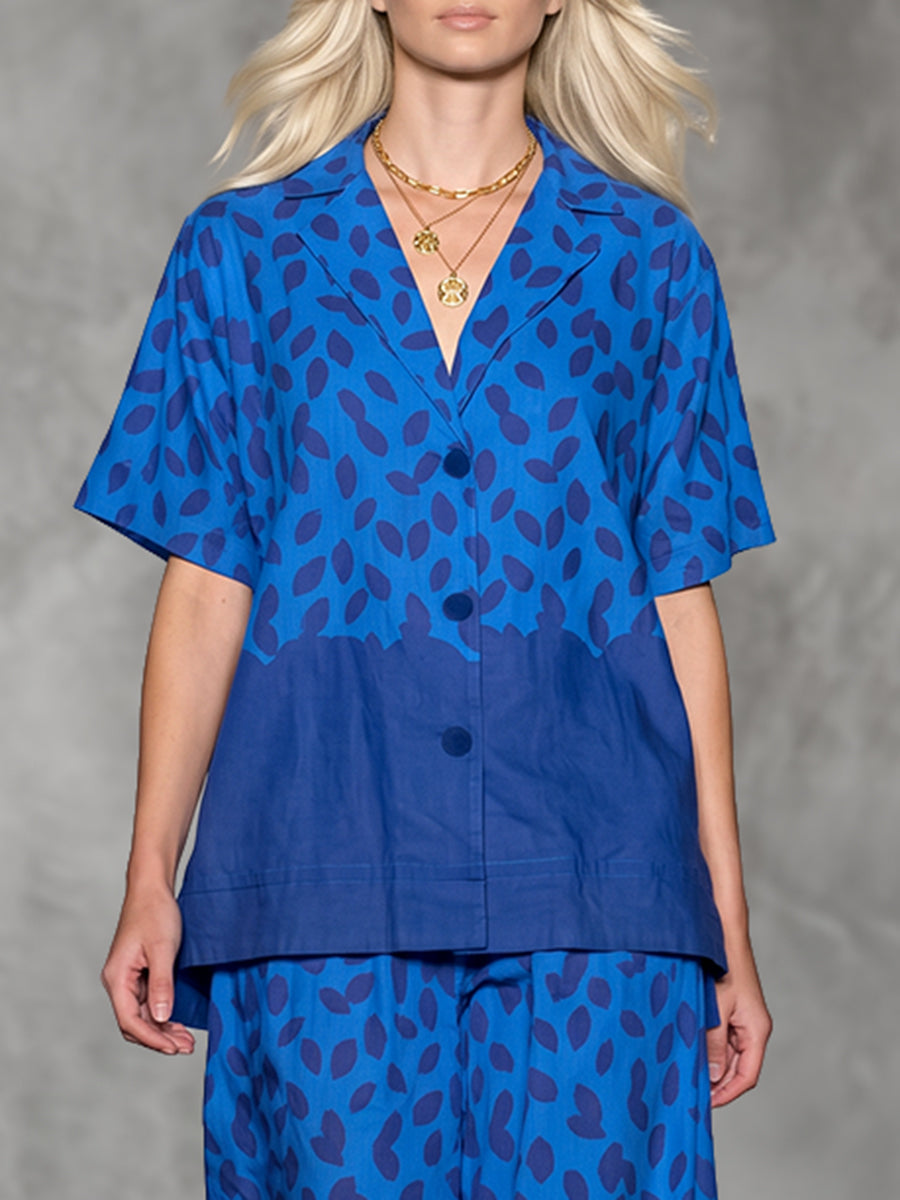 Printed Pockets Contrast Color Buttoned Short Sleeves Loose V-neck Blouses&shirts Tops