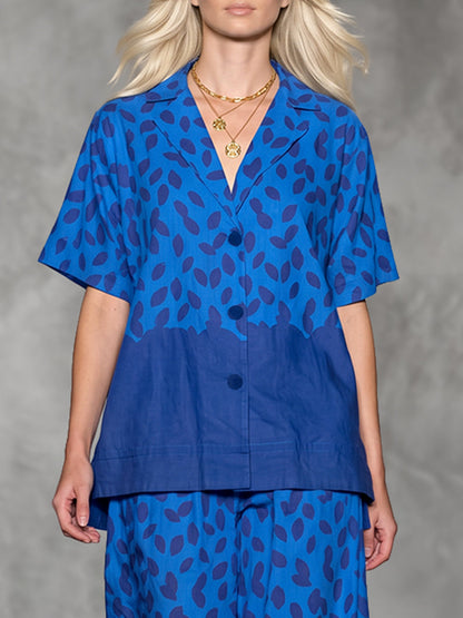 Printed Pockets Contrast Color Buttoned Short Sleeves Loose V-neck Blouses&shirts Tops