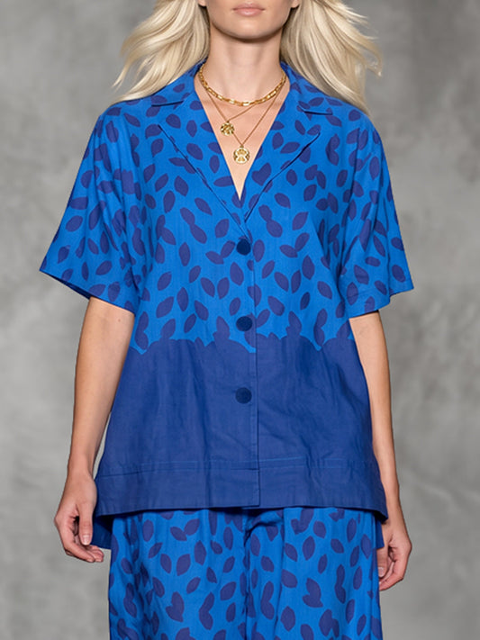 Printed Pockets Contrast Color Buttoned Short Sleeves Loose V-neck Blouses&shirts Tops