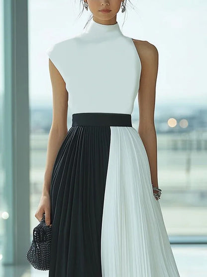 High Waisted Loose Contrast Color Pleated Mock Neck Maxi Dresses