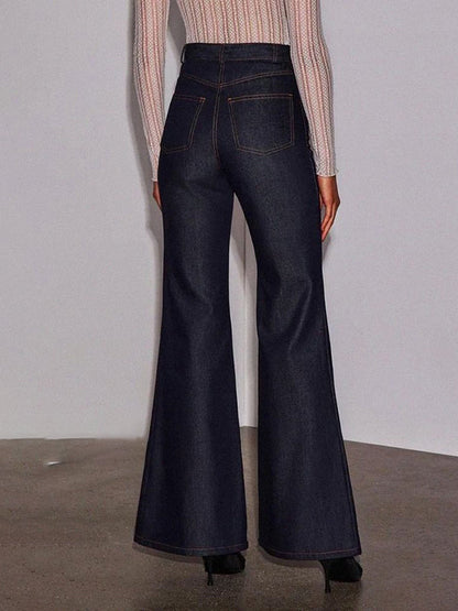 Pantalon en jean taille haute à jambes larges et poches de couleur unie 