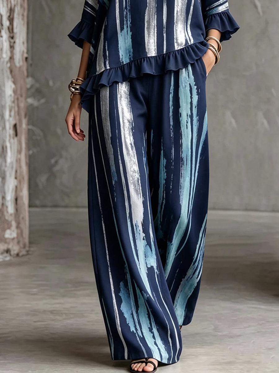 Printed Pockets Wide Leg High Waisted Trousers Pants