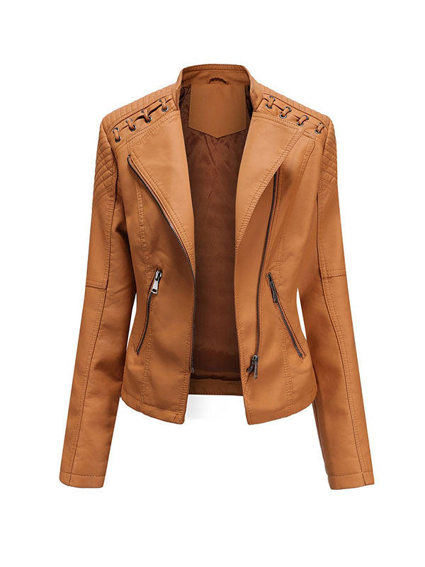 Long Sleeves Split-Joint Zipper Mock Neck PU Jackets Outerwear