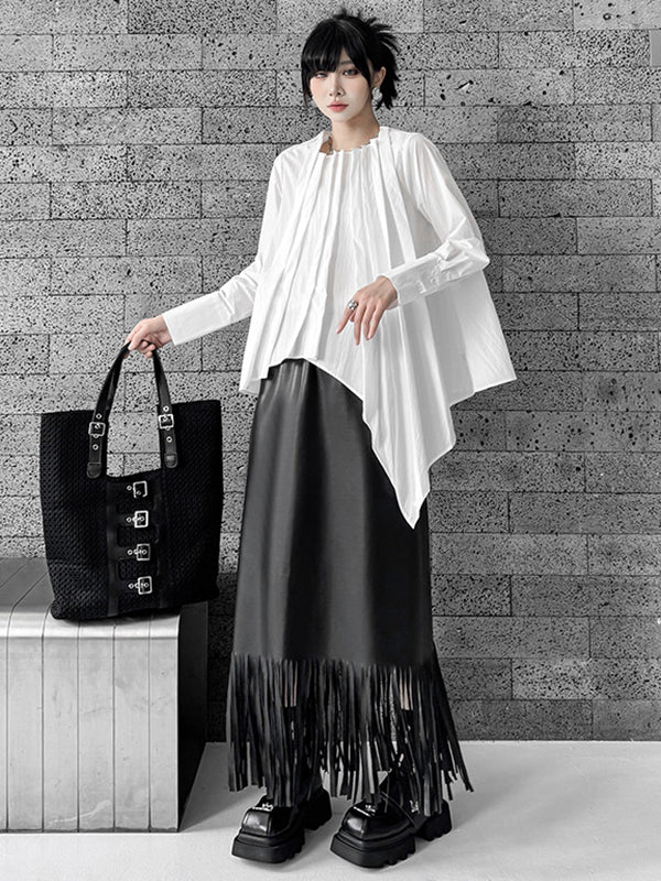 Hipster Irregularity Asymmetric Pleated Solid Color Round-Neck Blouses&Shirts Tops