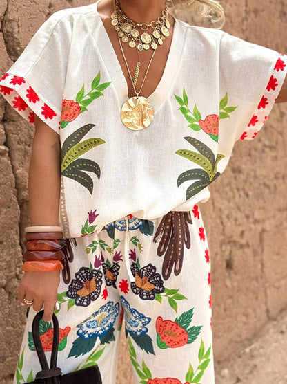 Loose Raglan Sleeve Printed Split-Joint V-Neck Blouses&Shirts Tops