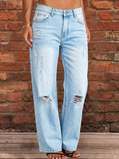 High Waisted Wide Leg Buttoned Hollow Pockets Split-Joint Jean Pants Bottoms