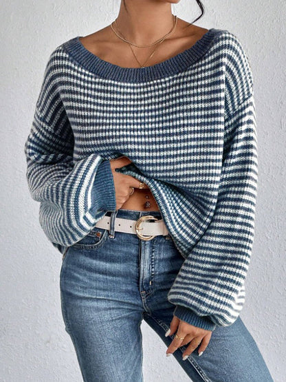Long Sleeves Loose Contrast Color Split-Joint Striped Off-The-Shoulder Pullovers Sweater Tops
