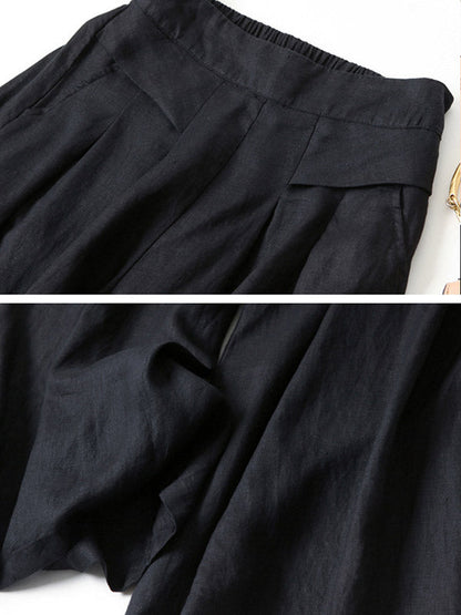 Pantalon ample en coton ramie de couleur unie, grande taille, jambes larges 