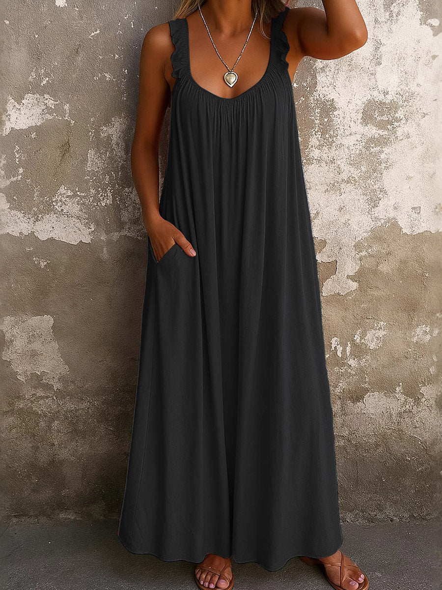 A-Line Loose Pleated Pockets Ruffled Solid Color Split-Joint U-Neck Maxi Dresses