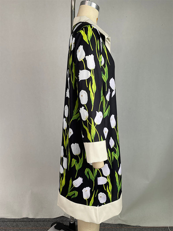 A-Linien-Minikleid mit lockerem Knopf und Blumendruck und Stehkragen 