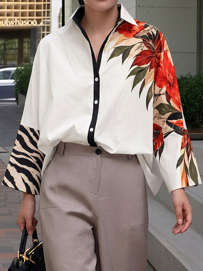 Zebra Printed Split-Joint Flower Print Contrast Color Buttoned Loose Long Sleeves Lapel Blouses&shirts Tops