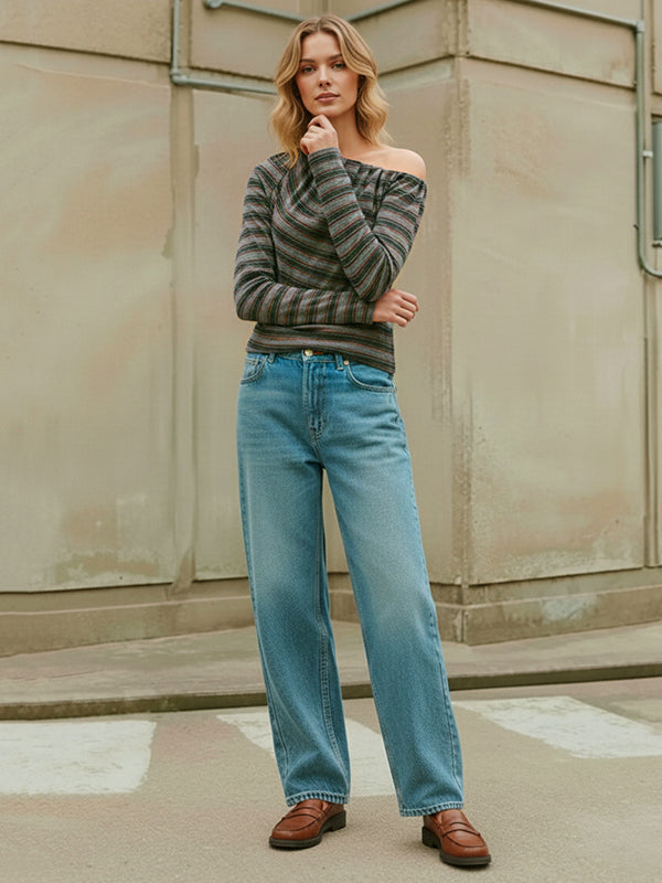 Long Sleeves Skinny Asymmetric Pleated Striped One-Shoulder T-Shirts Tops